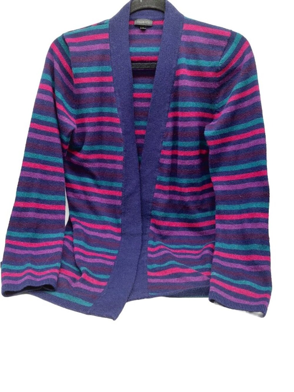 Talbots Lambswool Blend Purple Pink Stripe Open Front Long Cardigan Size Medium